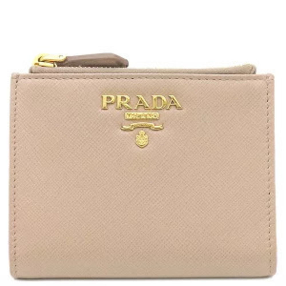 Prada bi fold wallet double zip Saffiano leather CIPLIA pink Beige Cream METAL